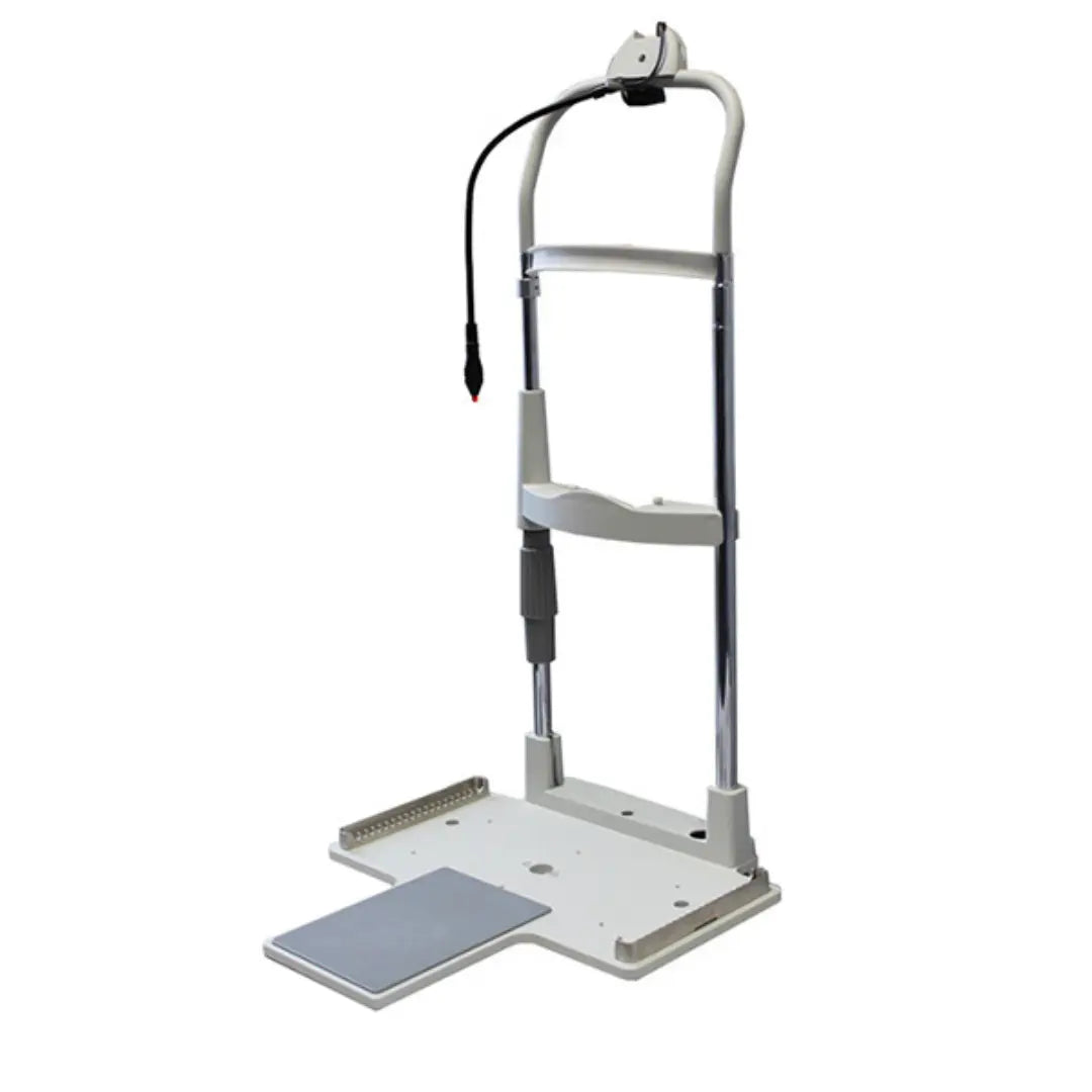 A mounting metal plate with a chin rest, designed for use with a Rodenstock RSL 2600 slit lamp.