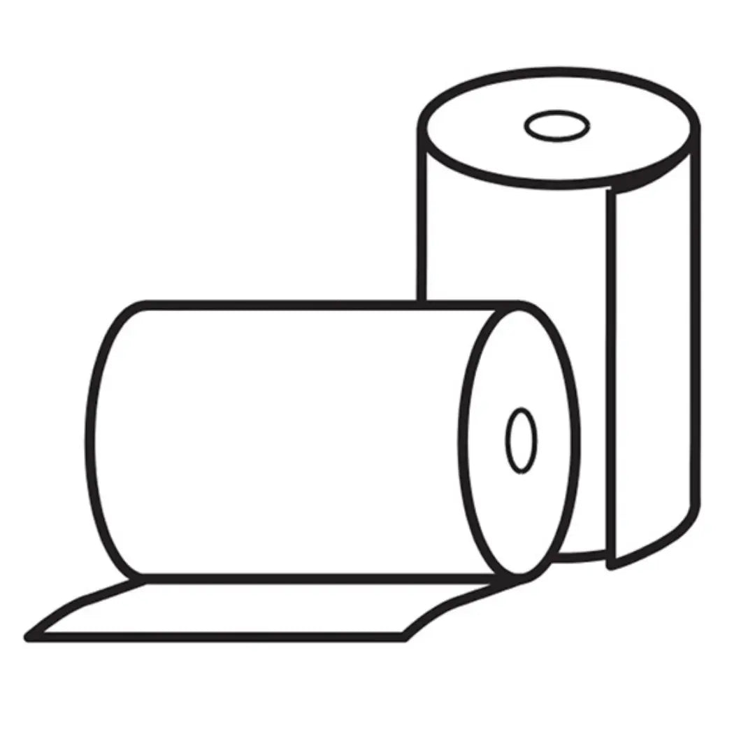 An illustration of two rolls of thermal printer paper, one standing upright and the other lying on its side, with a stylized line representing the paper's thickness.