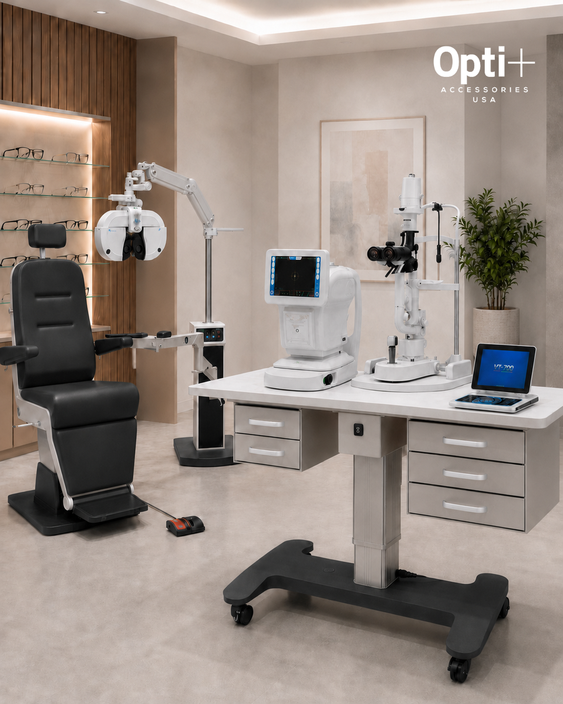 A modern optometrist examination room featuring a white and gray optometry workstation table with multiple medical devices, a black patient chair, and a laptop. The Opti+ Accessories USA logo is visible in the top right corner.