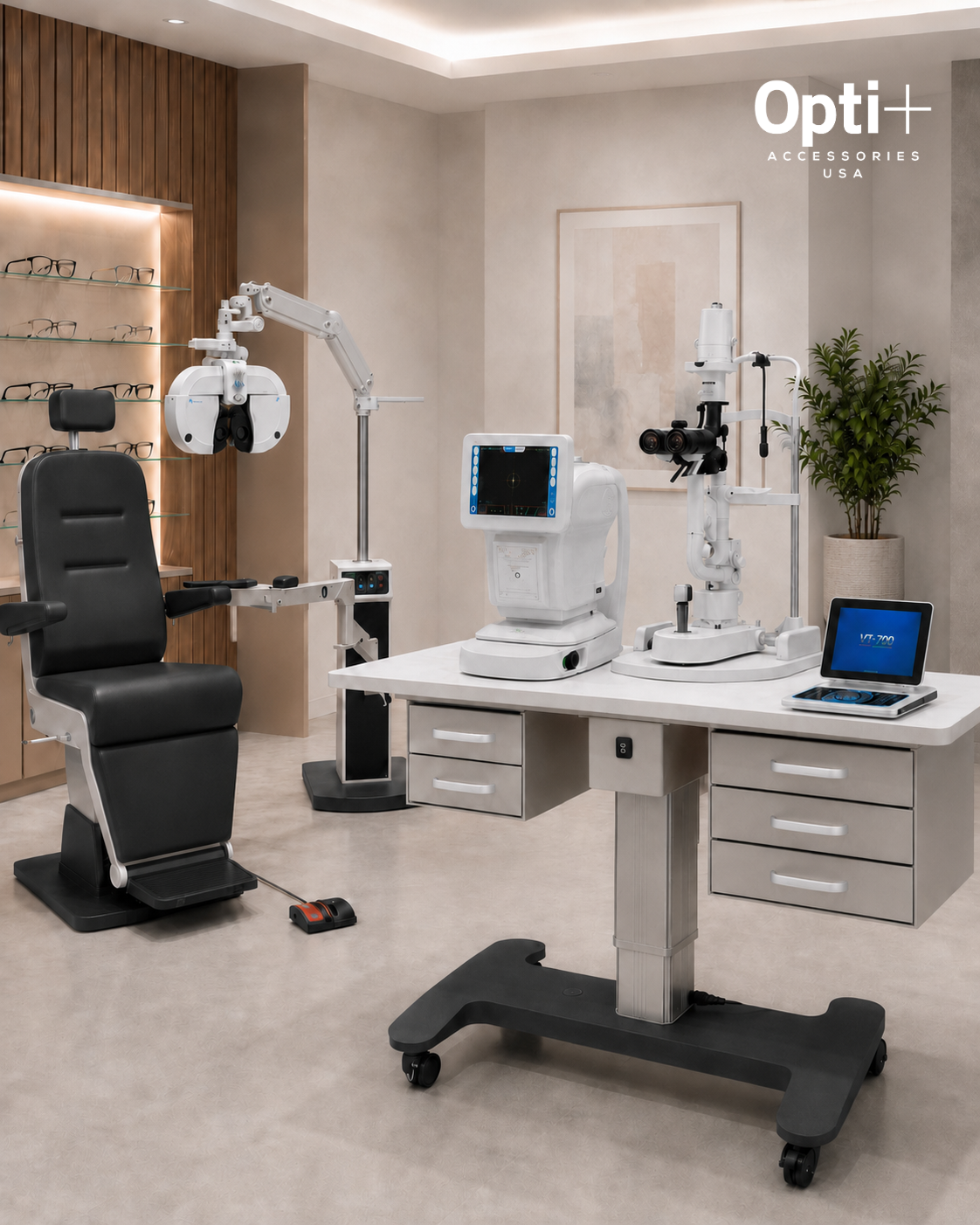 A modern optometrist examination room featuring a white and gray optometry workstation table with multiple medical devices, a black patient chair, and a laptop. The Opti+ Accessories USA logo is visible in the top right corner.