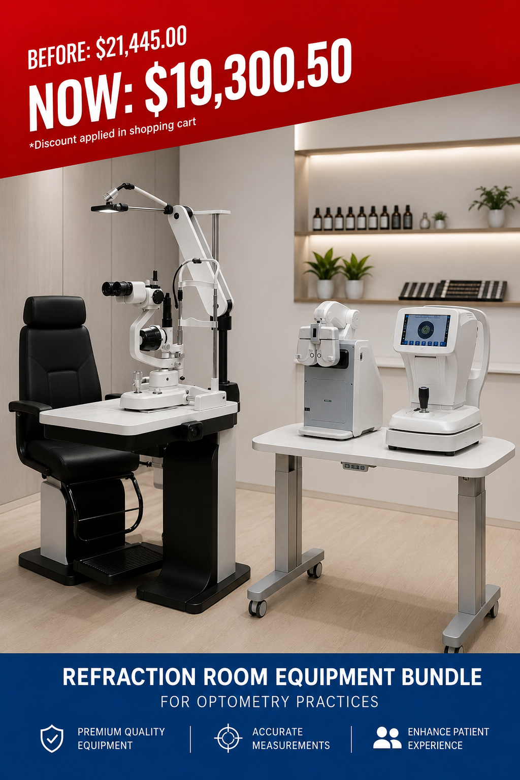 Optometry equipment bundle with Ophthalmic Unit, Slit Lamp, Phoropter and Auto Refractometer Keratometer and a discount banner in a clinical setting