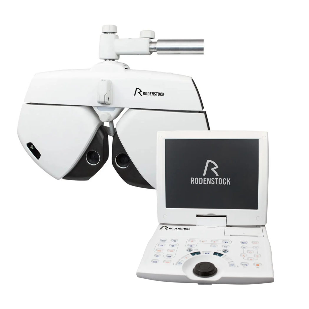 Rodenstock Automated Phoropter PHOROMAT 2000 and controller on a white background
