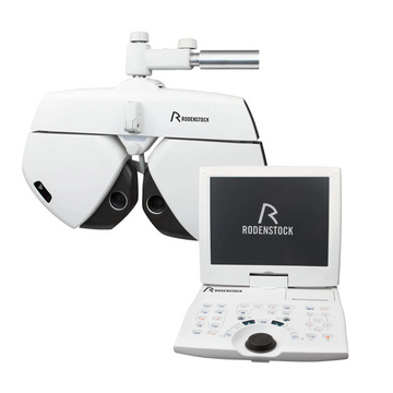 Rodenstock Automated Phoropter PHOROMAT 2000 and controller on a white background