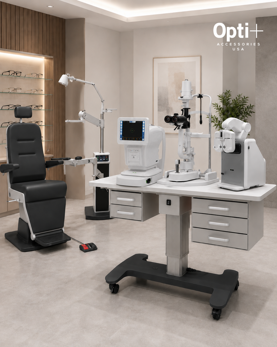Optical clinic equipment setup featuring a white and gray mobile examination table with integrated drawers, a black patient chair, and multiple white diagnostic ophthalmic devices on a light stone floor. The Opti+ Accessories USA logo is visible in the top right corner.