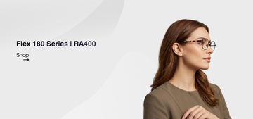 A woman using eyeglasses with the text "flex 180 series | ra400 shop now" on a white background