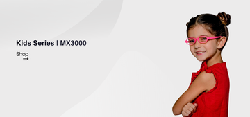 Young girl wearing pink glasses with text about Kids Series MX3000 on a white background
