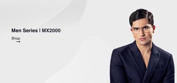 Man wearing glasses and a suit with promotional text for Men Series MX2000 on a white background