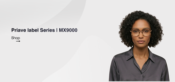 Woman wearing brown glasses with text about Private label Series MX9000 on a white background