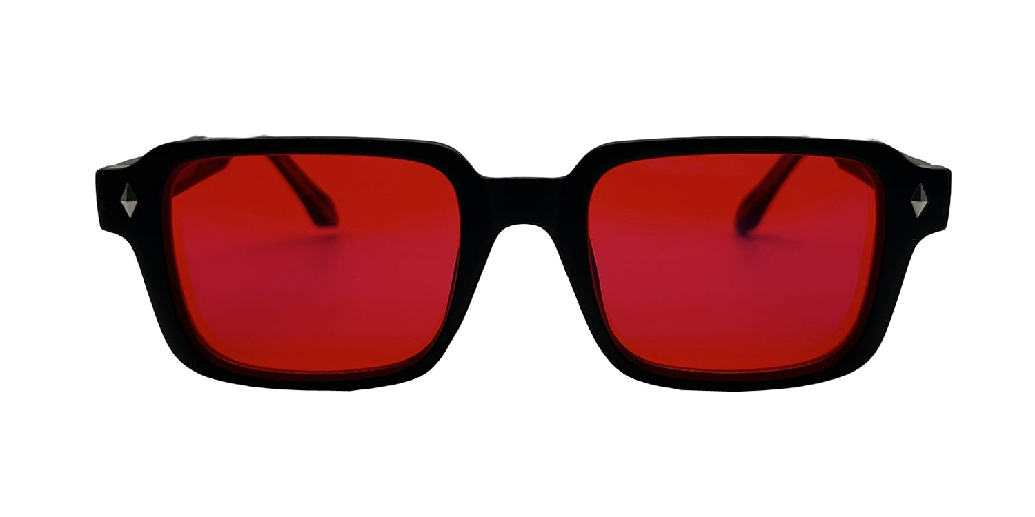 Black SLEEP GLASSES with red lenses on a white background
