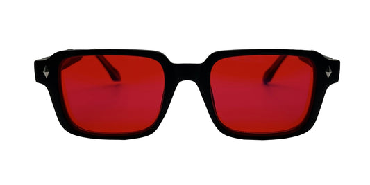 Black SLEEP GLASSES with red lenses on a white background