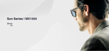 Man wearing sunglasses with text 'Sun Series MX1000' and 'Shop' on a white background