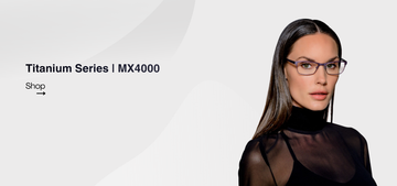 Woman wearing glasses with text 'Titanium Series | MX4000' and 'Shop' button on a white background
