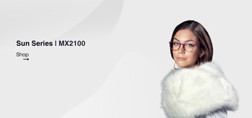 Woman wearing glasses with a white fur shawl on a light gray background, featuring text 'Sun Series | MX2100' and a 'Shop' button.