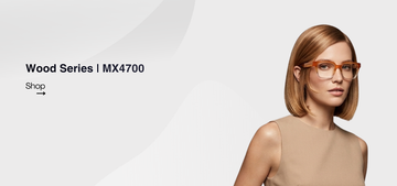 Woman wearing orange wood glasses with text about Wood Series MX4700 on a white background