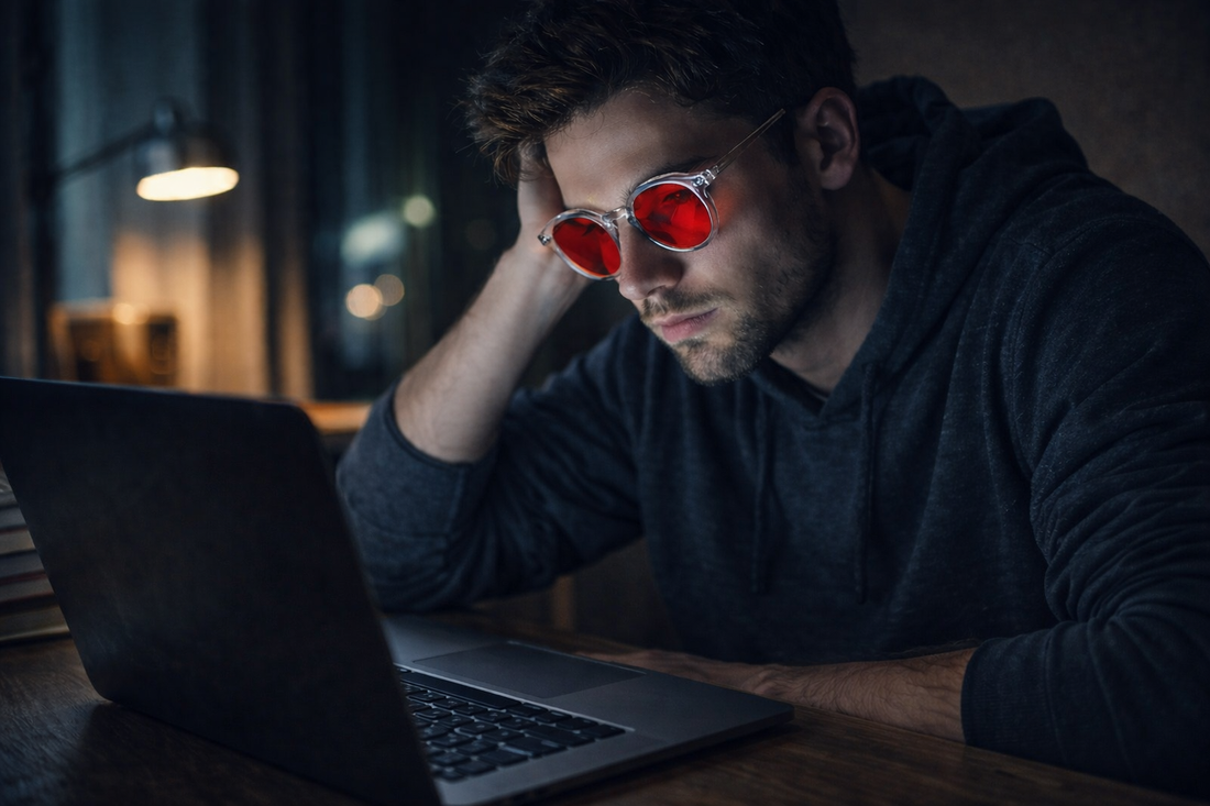 Man wearing sleep glasses working on a laptop with a blurred background