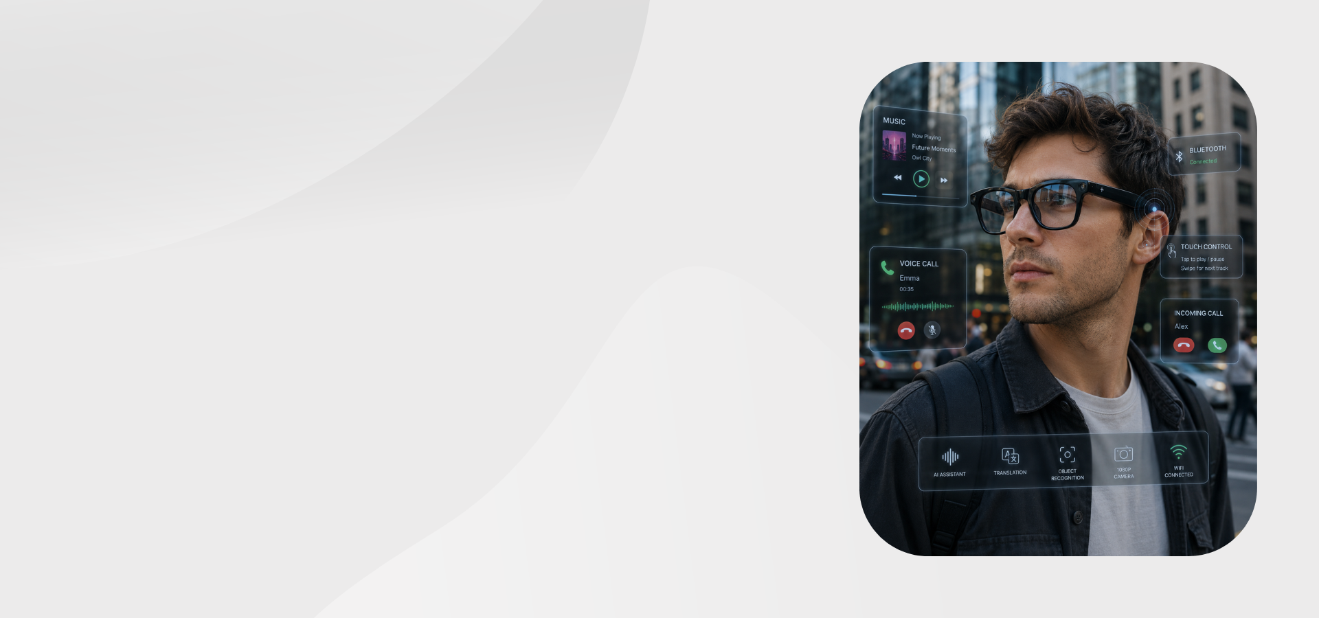 Man wearing smart glasses with a blurred cityscape background