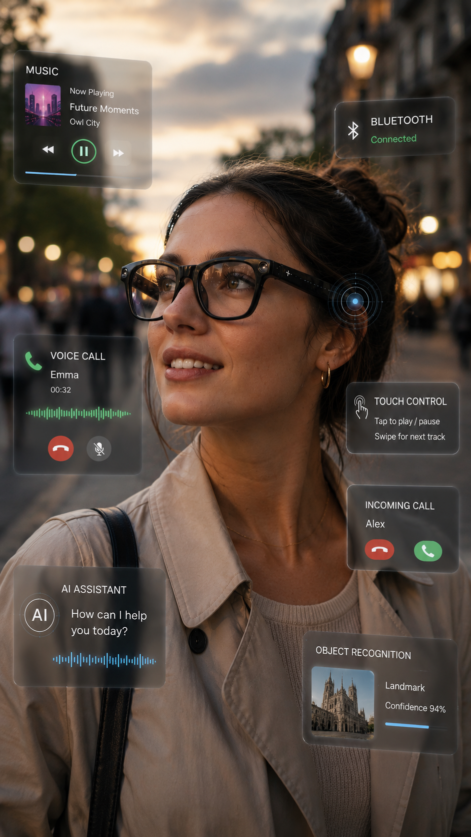 Woman wearing smart glasses on a city street