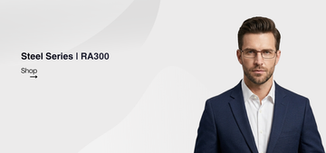 A Man using steel eyeglasses with the text "steel series | ra300 shop now" on a white background