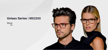 Two people wearing glasses with text about a 'Unisex Series MX2200' on a white background.