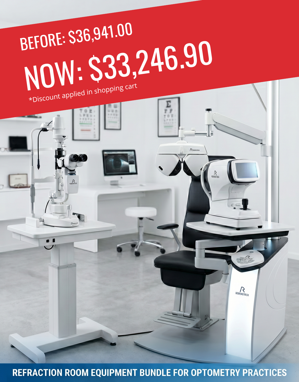 Optometry equipment bundle with a discount label in a clinical setting