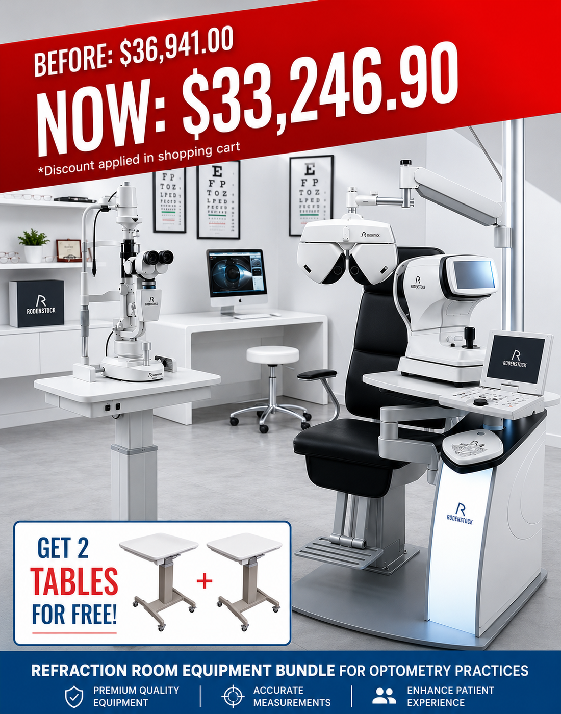 Optometry equipment bundle with a discount label in a clinical setting
