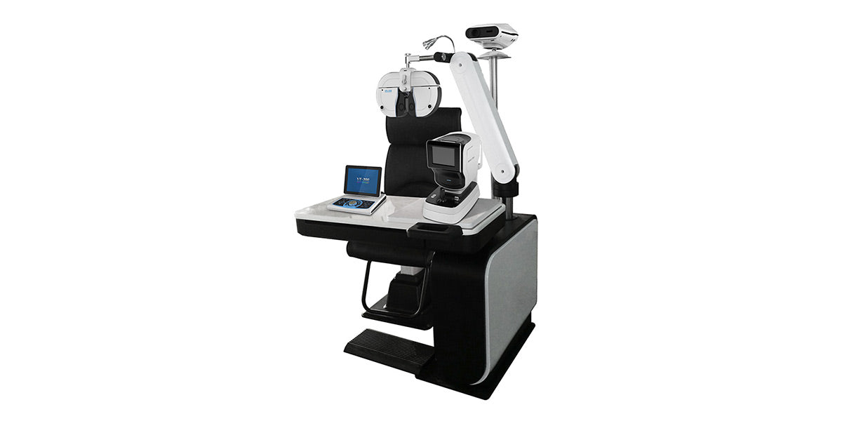Automatic Ophthalmic Unit with diagnostic instruments on a white bakground