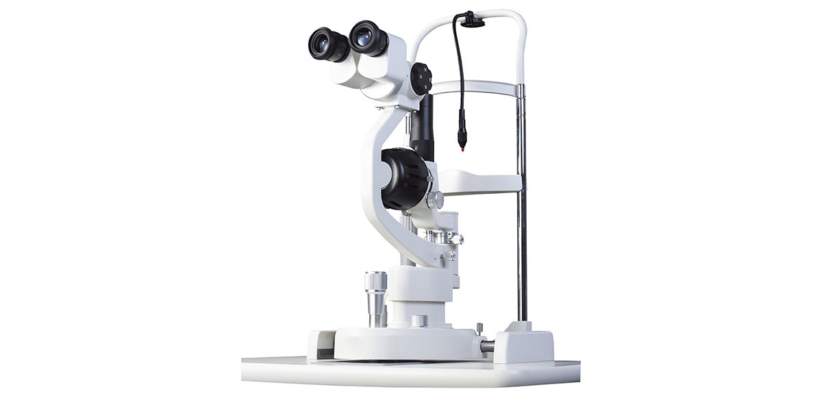 A white Opti+ Slit Lamp Zeiss Style 2 Steps Magnifications with eyepieces and a illumination light, isolated on a white background.